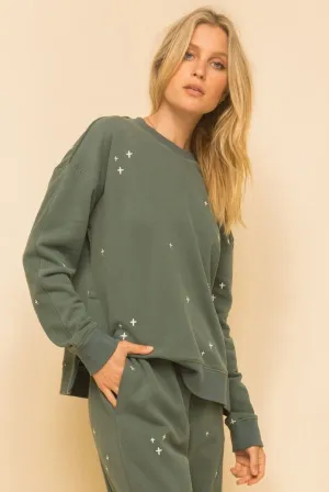 30% Off - Soft Embroidery Side Slit Sweatshirt Teal