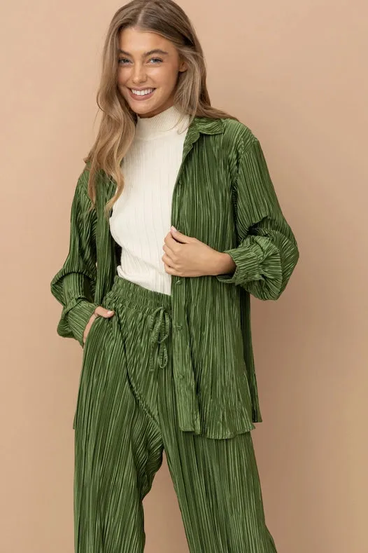 Accordion Pleat Button Blouse Pant Lounge Set Olive