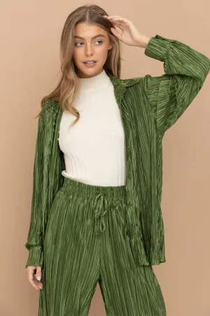 Accordion Pleat Button Blouse Pant Lounge Set Olive
