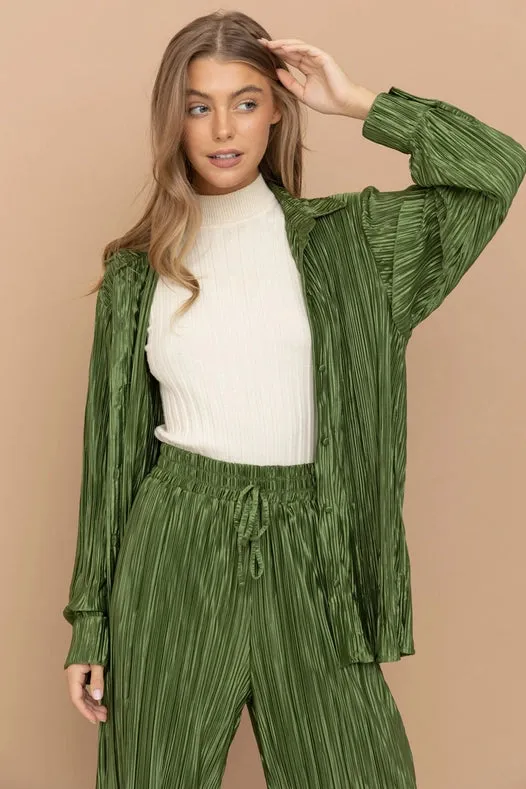 Accordion Pleat Button Blouse Pant Lounge Set Olive