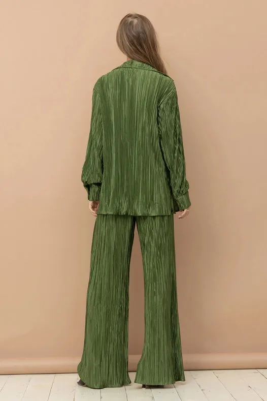 Accordion Pleat Button Blouse Pant Lounge Set Olive