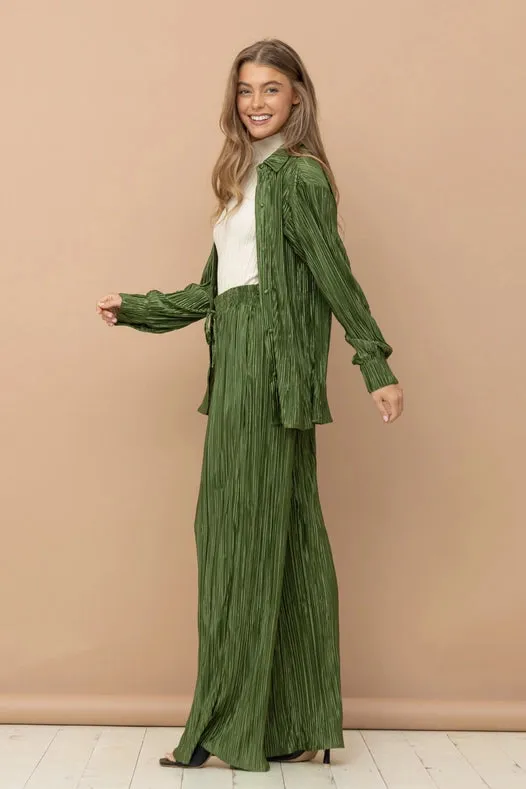 Accordion Pleat Button Blouse Pant Lounge Set Olive