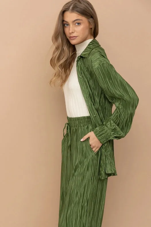 Accordion Pleat Button Blouse Pant Lounge Set Olive