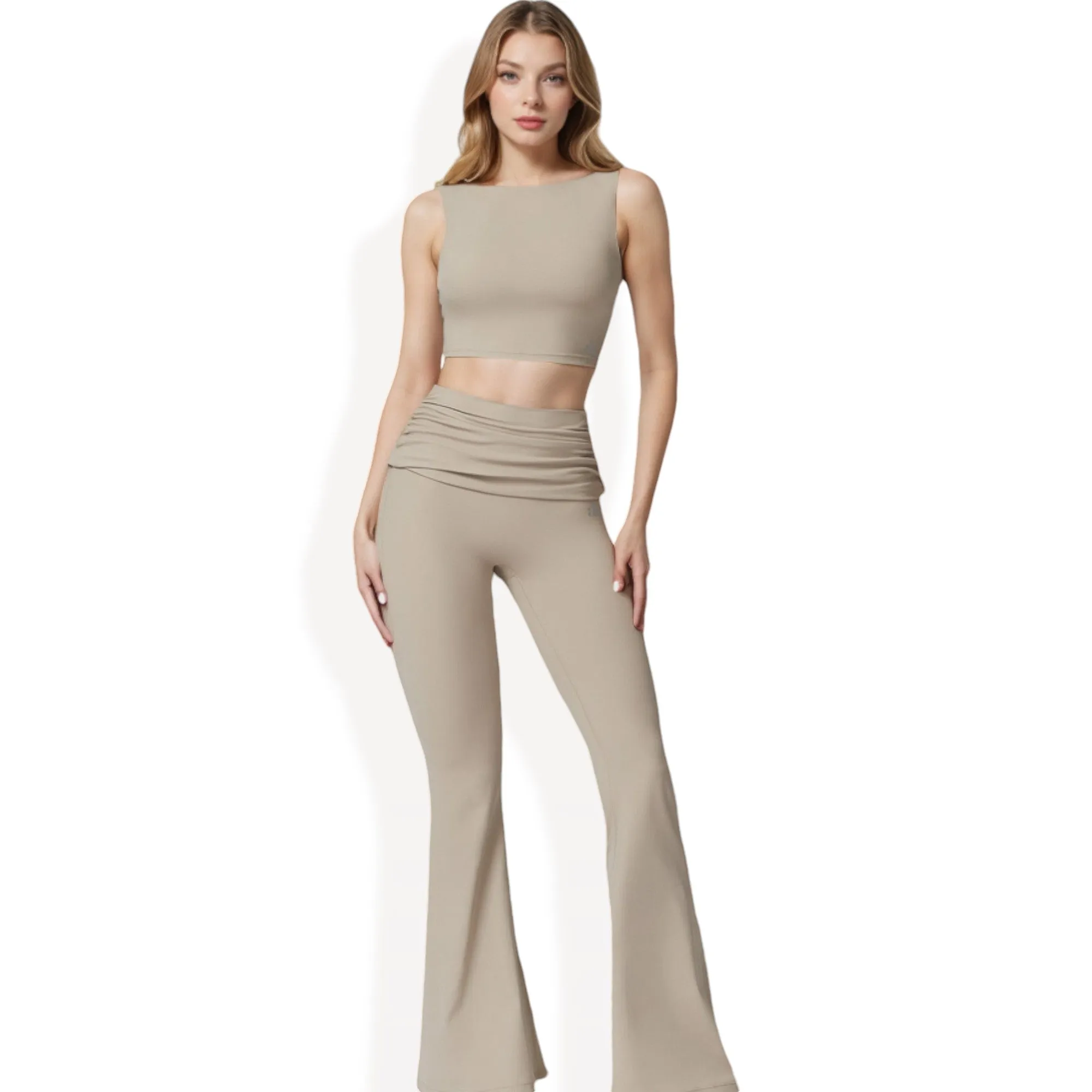 Anna-Kaci Women's Flared High Waist Pants and Cropped Tank Top Activewear Set
