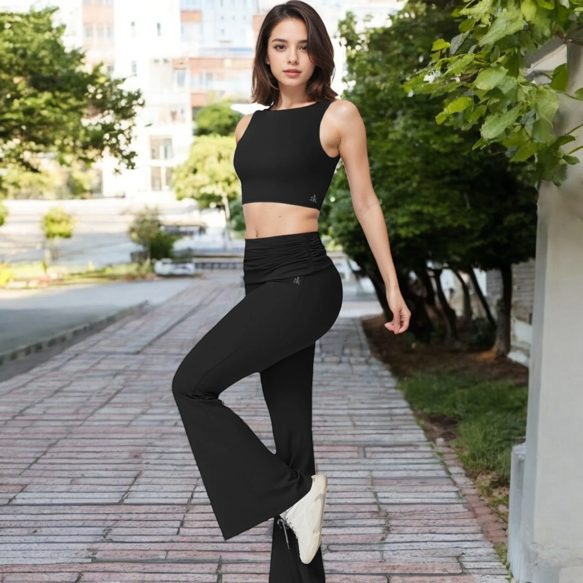 Anna-Kaci Women's Flared High Waist Pants and Cropped Tank Top Activewear Set