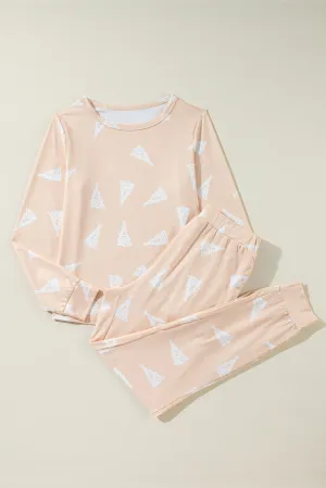 Apricot Christmas Tree Print Loose Fit Two Piece Pajama Set