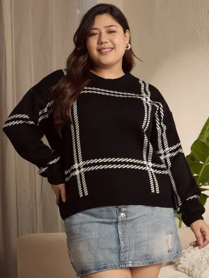 Berrylush Curve Women Black & White Checked Print Round Neck Acrylic Ribbed Hem Regular Pullover