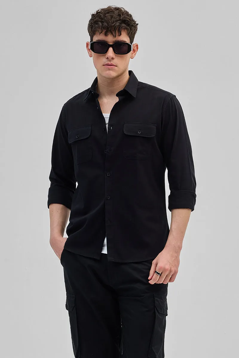 Black Solid Double Pocket Overshirt