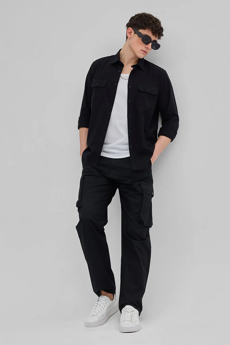 Black Solid Double Pocket Overshirt