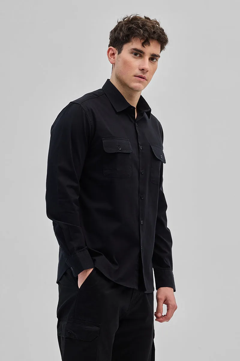 Black Solid Double Pocket Overshirt