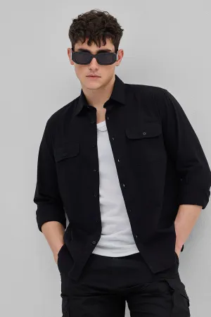 Black Solid Double Pocket Overshirt