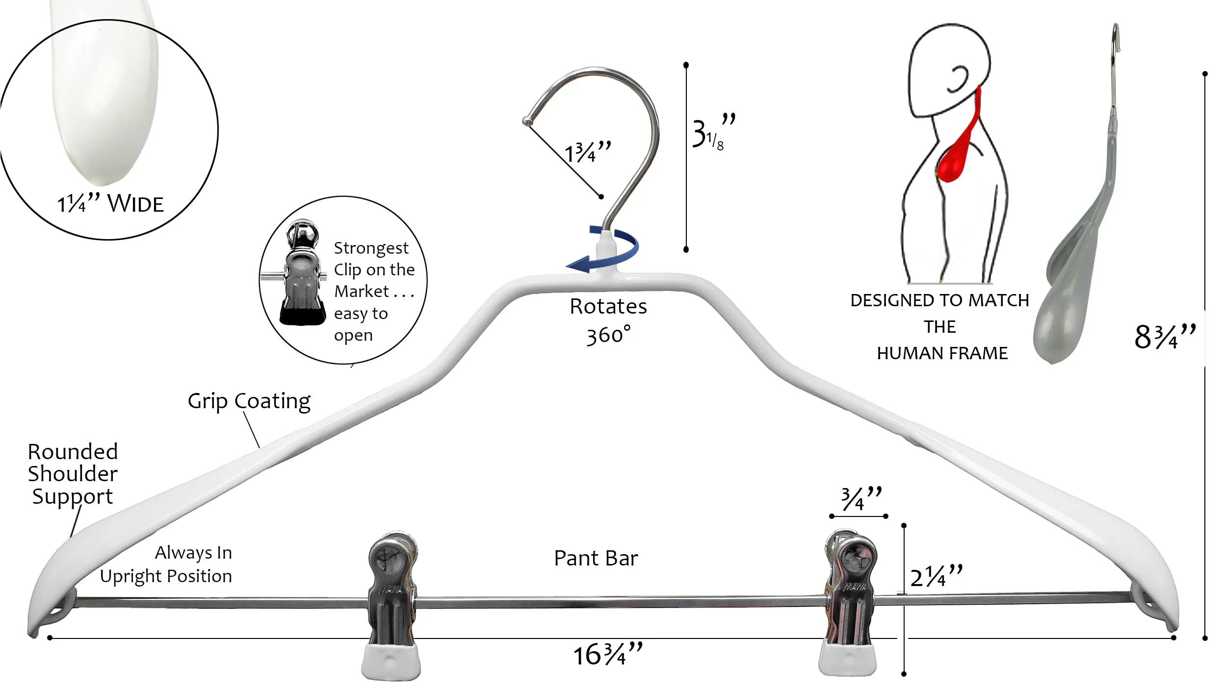 BodyForm Series -  Steel Coated Hanger with Shoulder Support & Adjustable Clips, Model 42LK, White