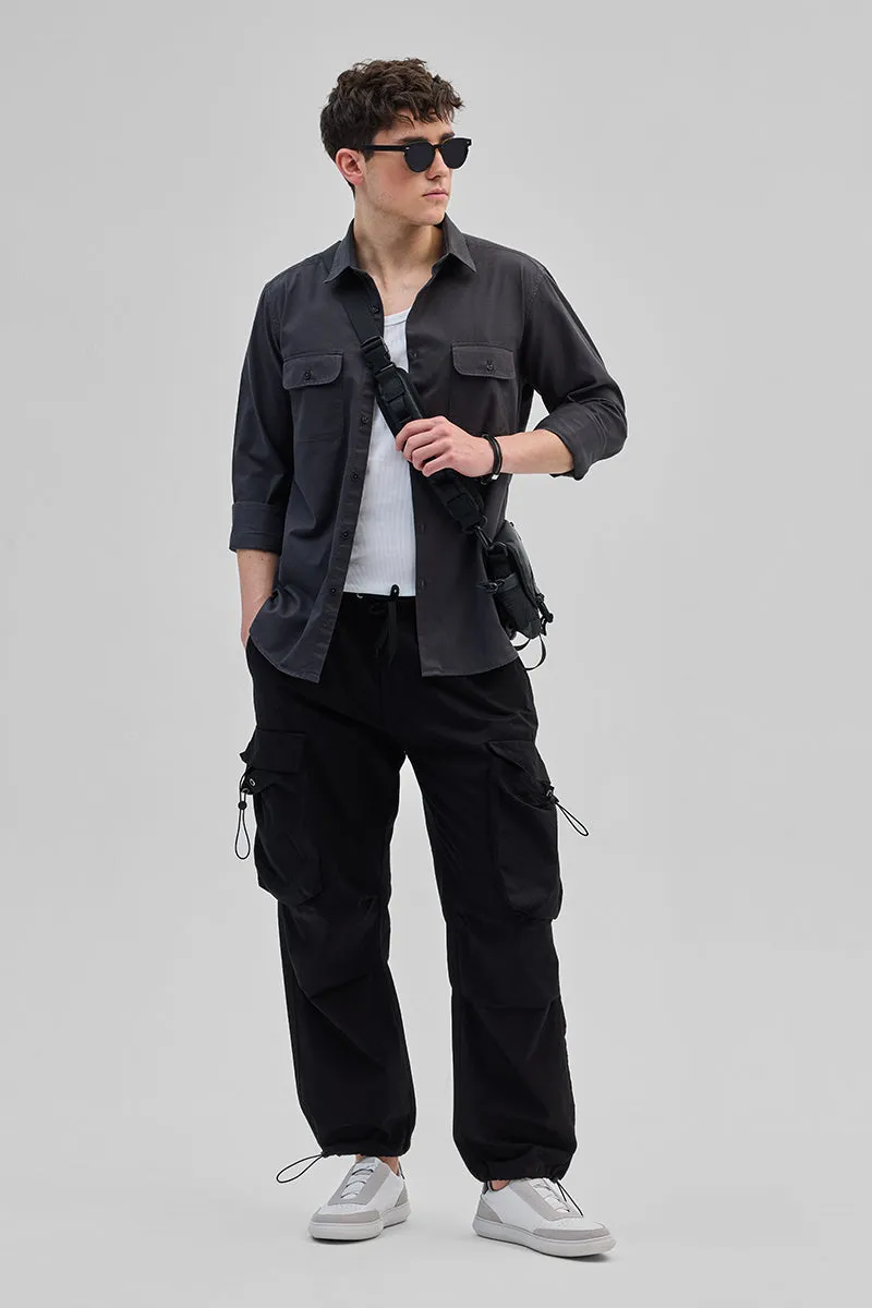 Charcoal Grey Solid Double Pocket Overshirt