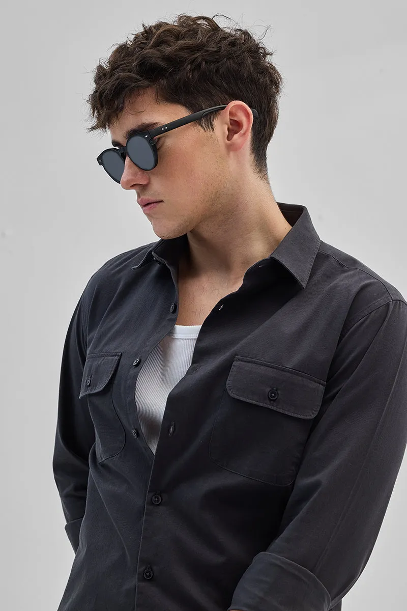 Charcoal Grey Solid Double Pocket Overshirt