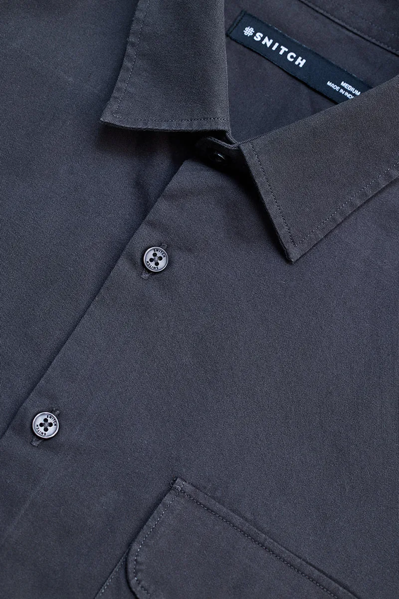 Charcoal Grey Solid Double Pocket Overshirt
