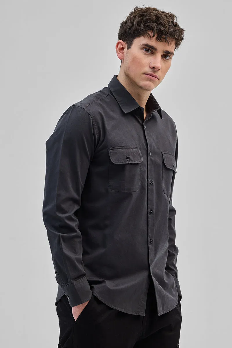 Charcoal Grey Solid Double Pocket Overshirt