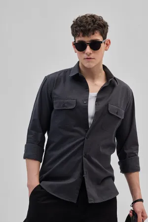 Charcoal Grey Solid Double Pocket Overshirt