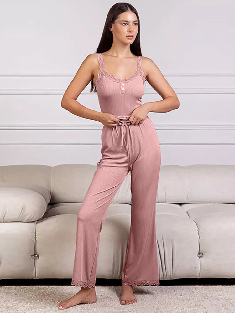 Comfort Lace Strap Tank Top and Long Pants Loungewear Set