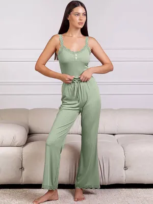 Comfort Lace Strap Tank Top and Long Pants Loungewear Set