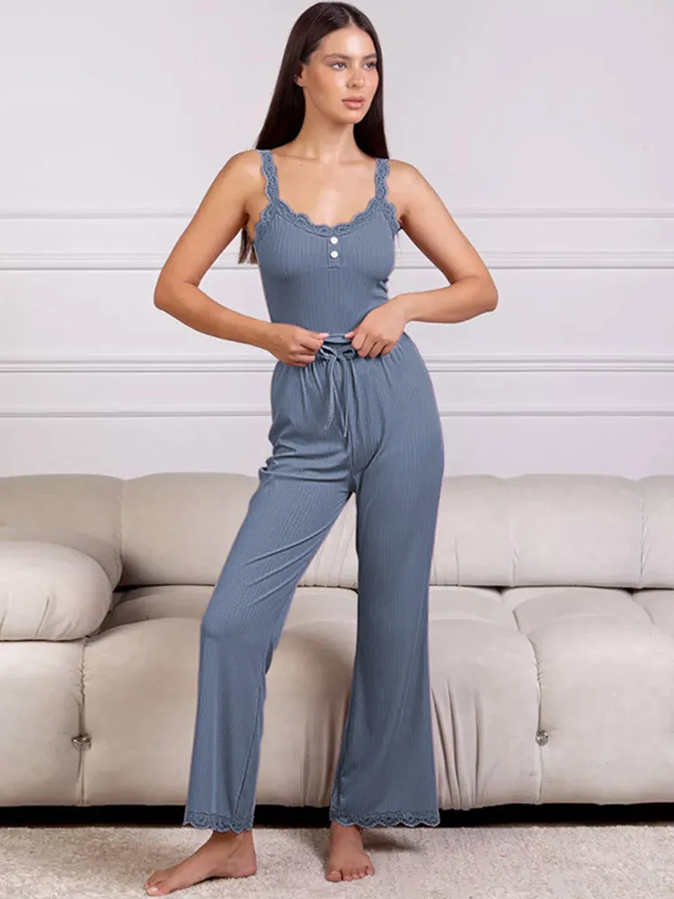 Comfort Lace Strap Tank Top and Long Pants Loungewear Set