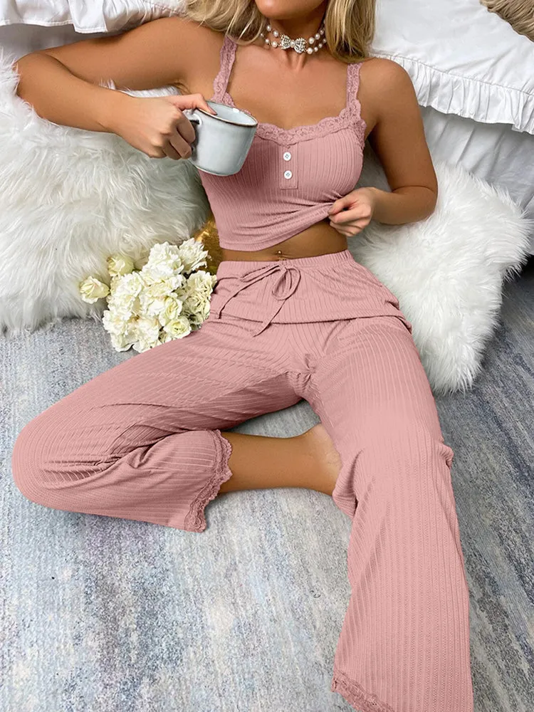 Comfort Lace Strap Tank Top and Long Pants Loungewear Set