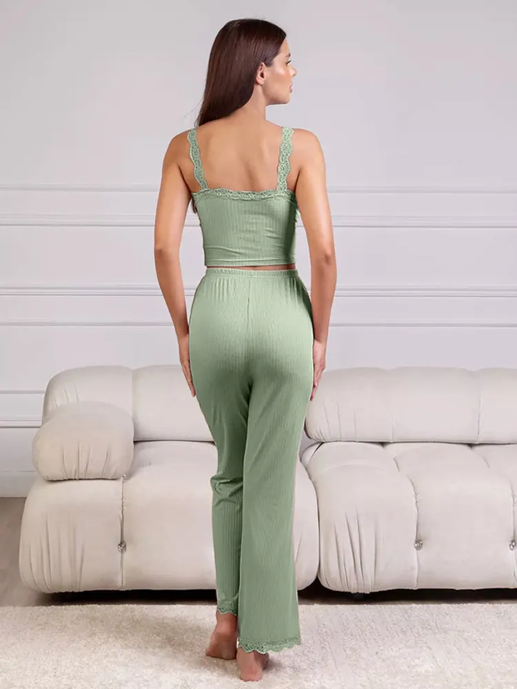 Comfort Lace Strap Tank Top and Long Pants Loungewear Set
