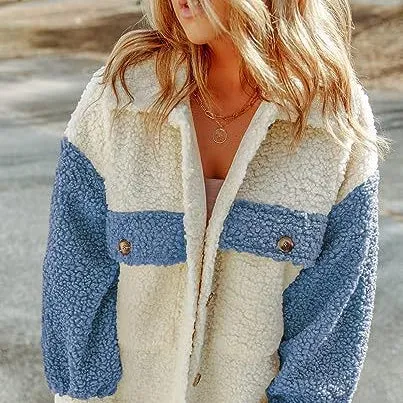 Contrast Color Patchwork Jacket Pocket Furry Wholesale Women's Coats & Jackets N3823100900017