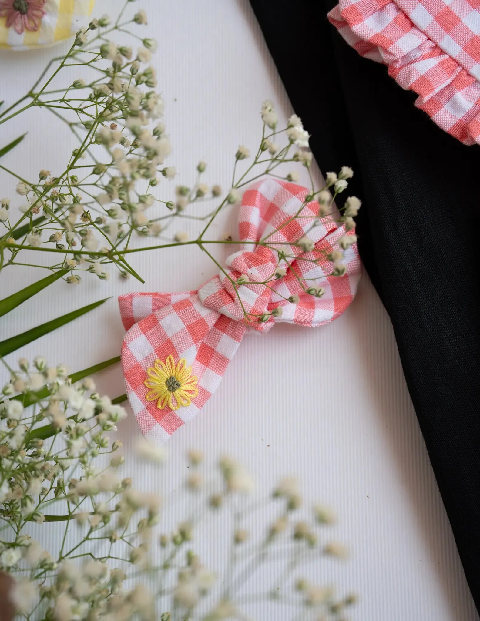 Detachable Collar and Hair Bow set - Pink Check