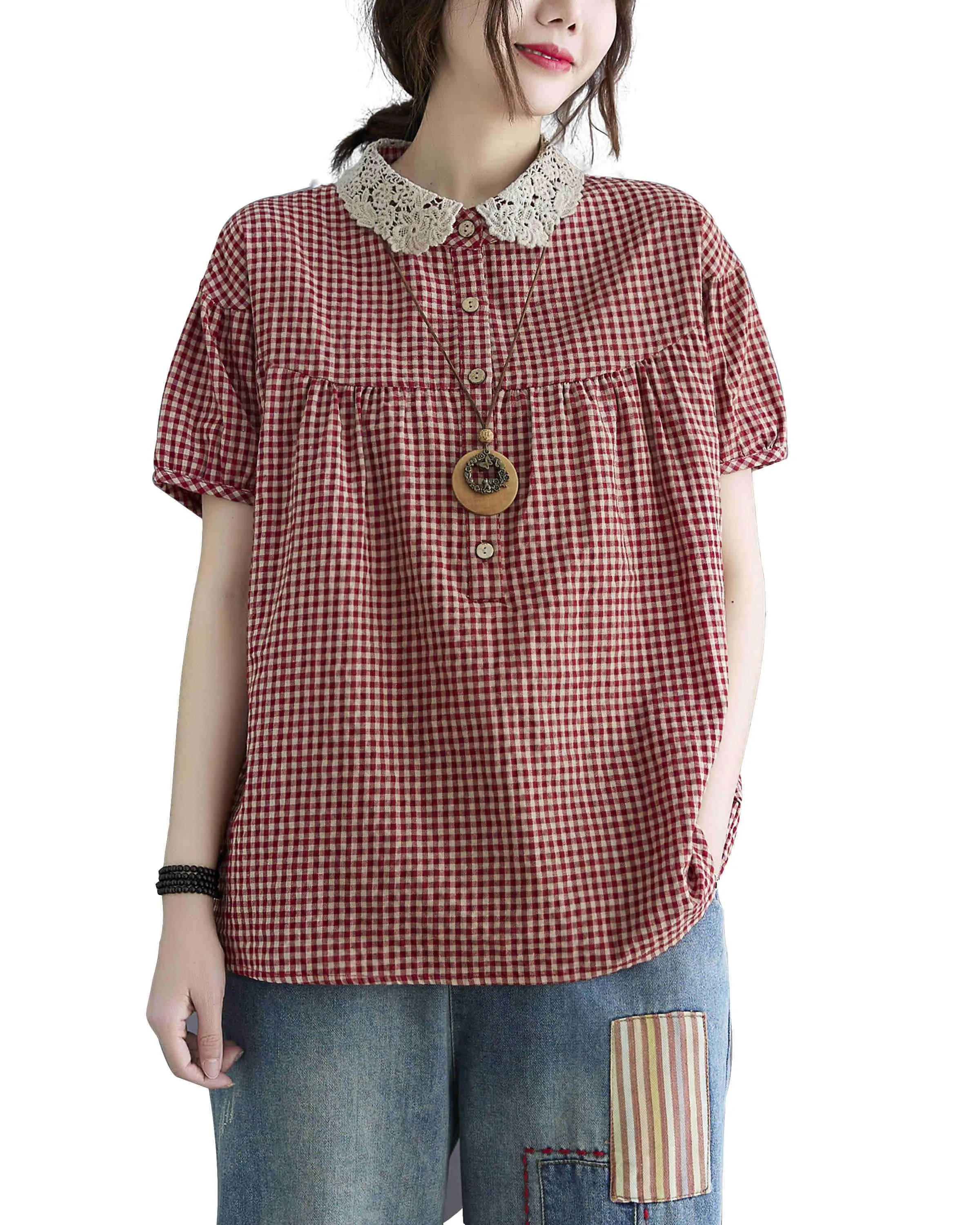 ellazhu Women Short Sleeve Plaid Shirt Blouse GA2299