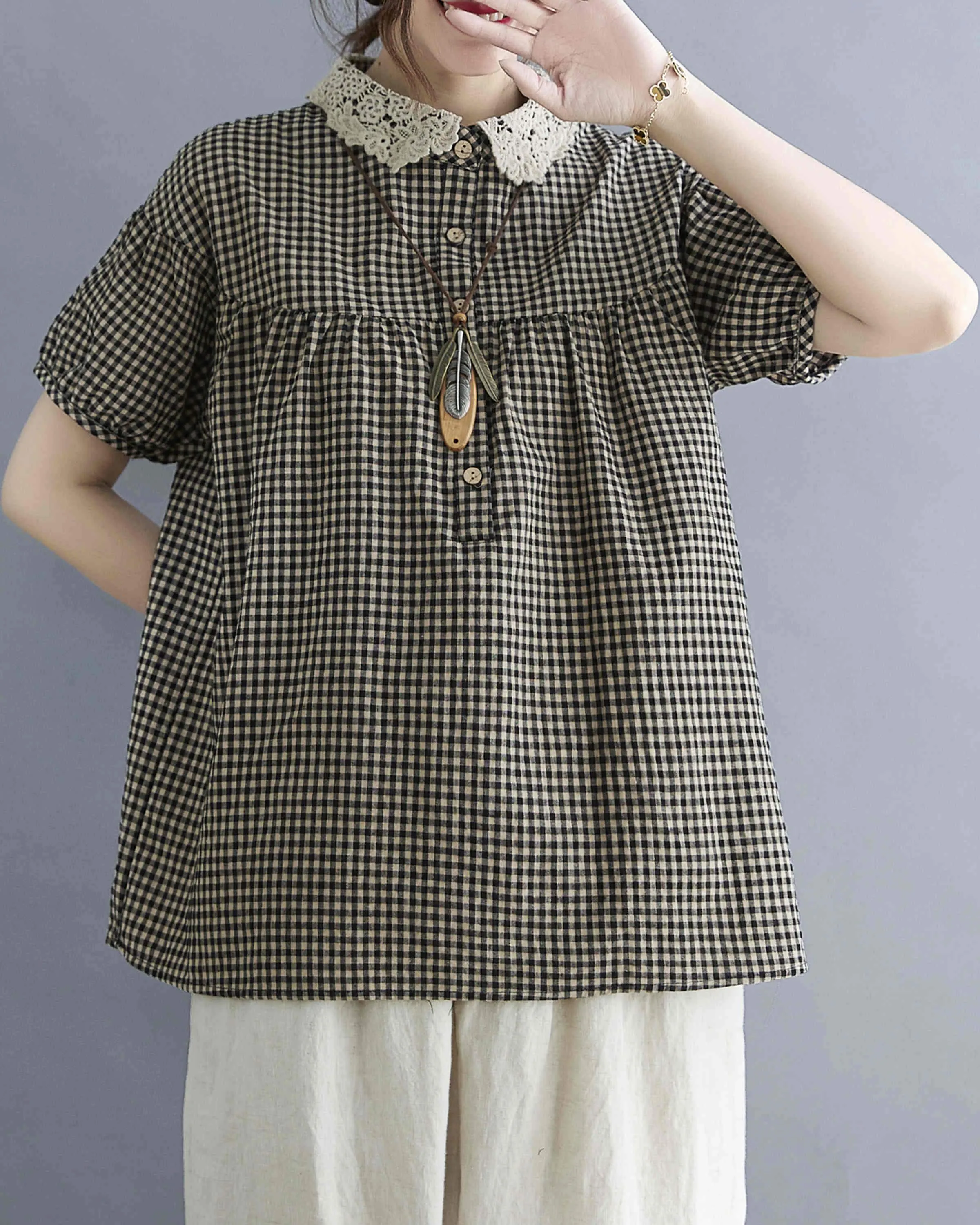 ellazhu Women Short Sleeve Plaid Shirt Blouse GA2299