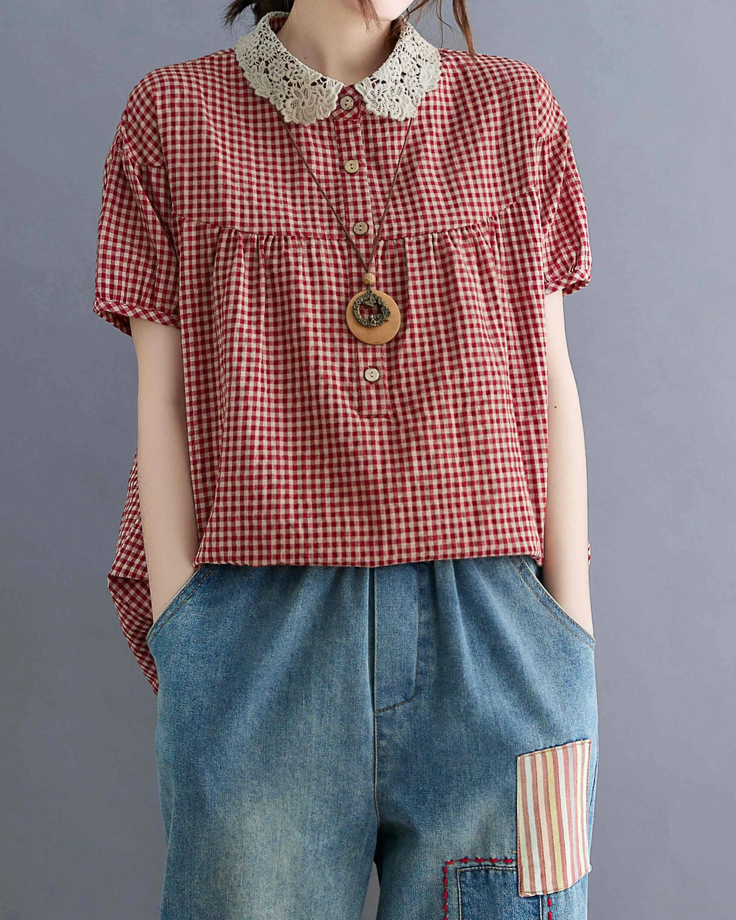 ellazhu Women Short Sleeve Plaid Shirt Blouse GA2299