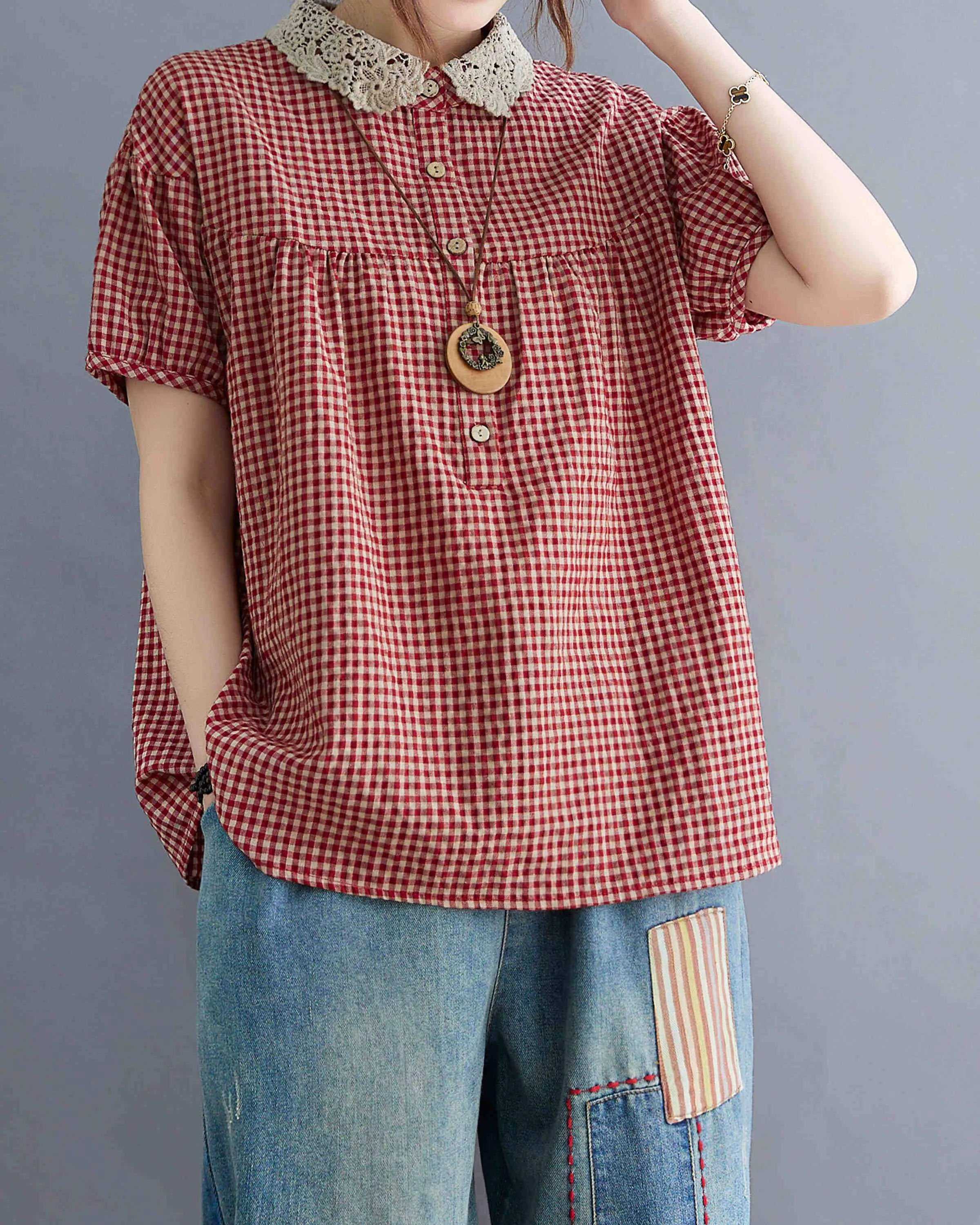 ellazhu Women Short Sleeve Plaid Shirt Blouse GA2299