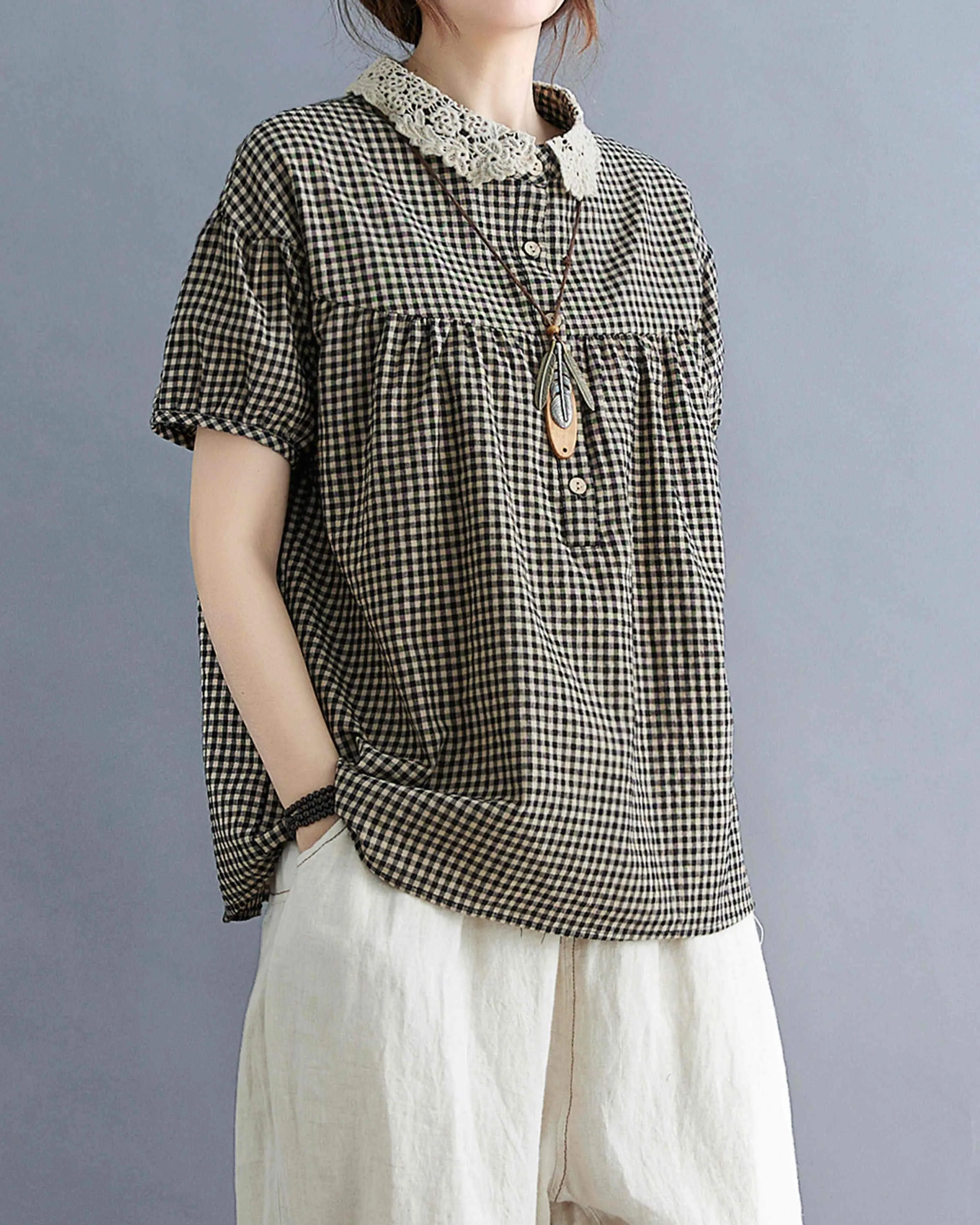 ellazhu Women Short Sleeve Plaid Shirt Blouse GA2299