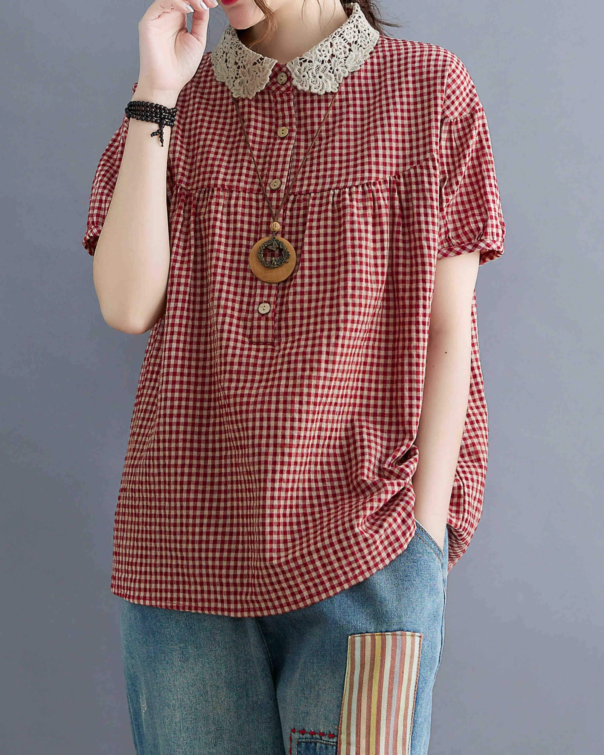 ellazhu Women Short Sleeve Plaid Shirt Blouse GA2299
