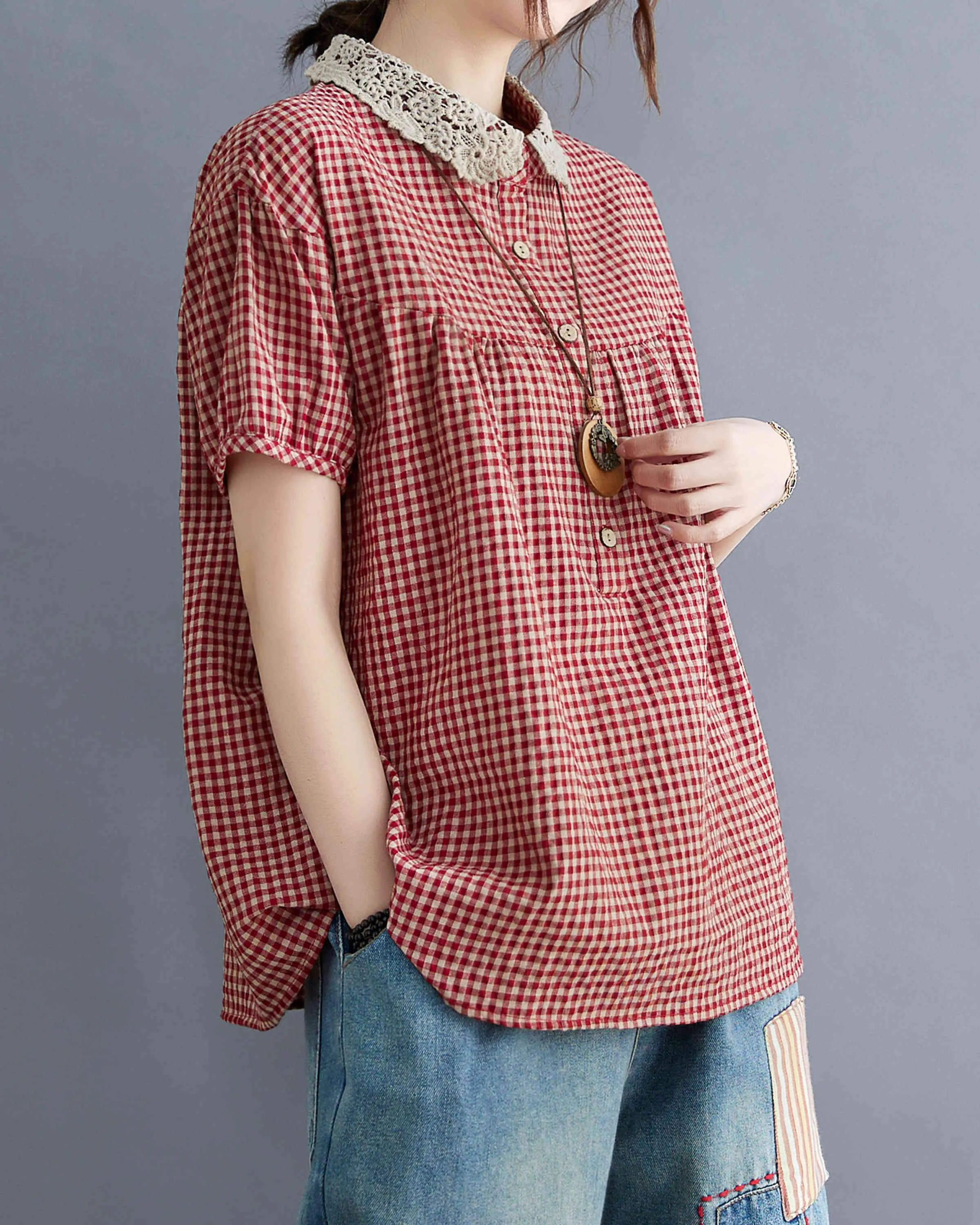ellazhu Women Short Sleeve Plaid Shirt Blouse GA2299