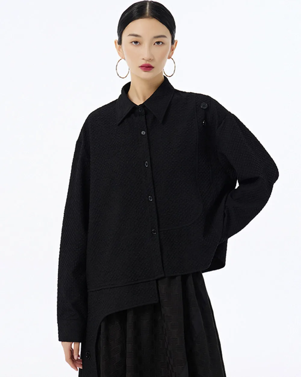 ellazhu Women's Long Sleeve Lapel Button Down Solid Color Irregular Hem Loose Shirt GE33 Black