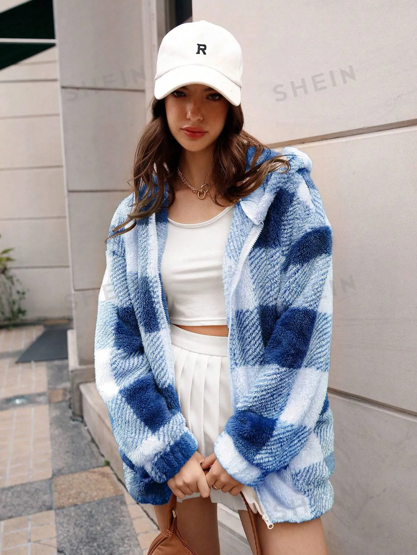 EZwear Color Block Plaid Fleece Lined Hooded Jacket For Autumn & Winter, Casual