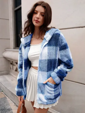 EZwear Color Block Plaid Fleece Lined Hooded Jacket For Autumn & Winter, Casual