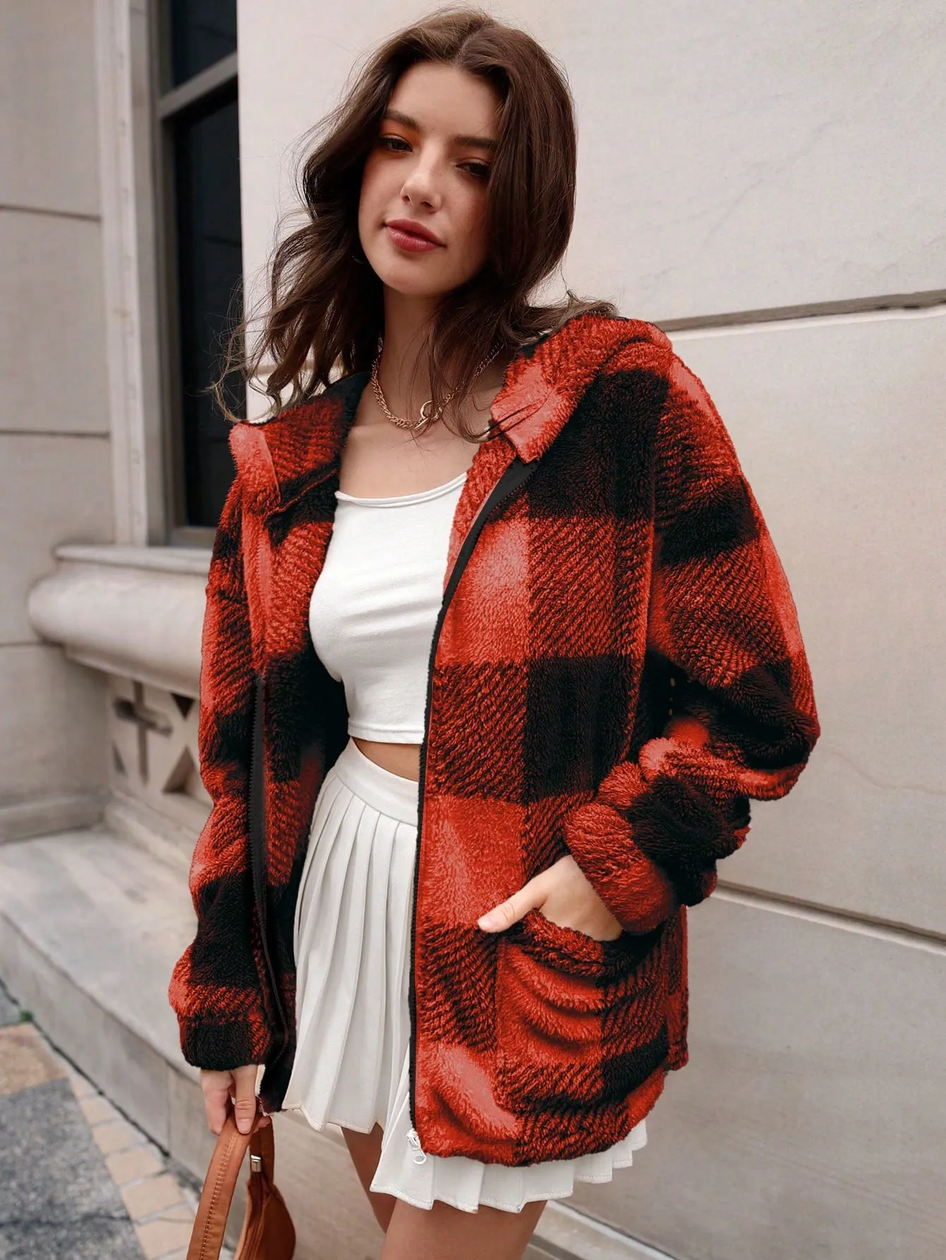EZwear Color Block Plaid Fleece Lined Hooded Jacket For Autumn & Winter, Casual