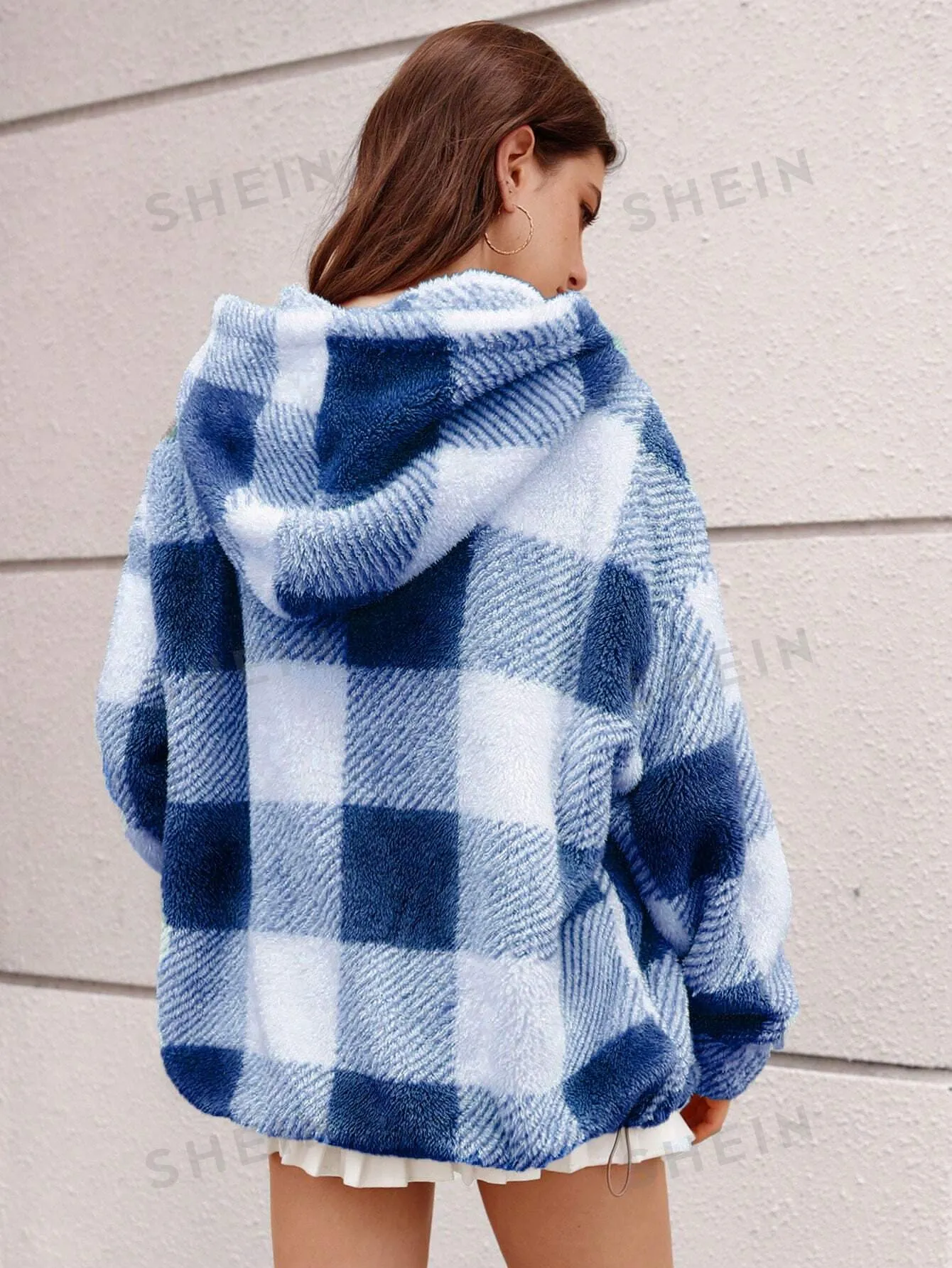 EZwear Color Block Plaid Fleece Lined Hooded Jacket For Autumn & Winter, Casual