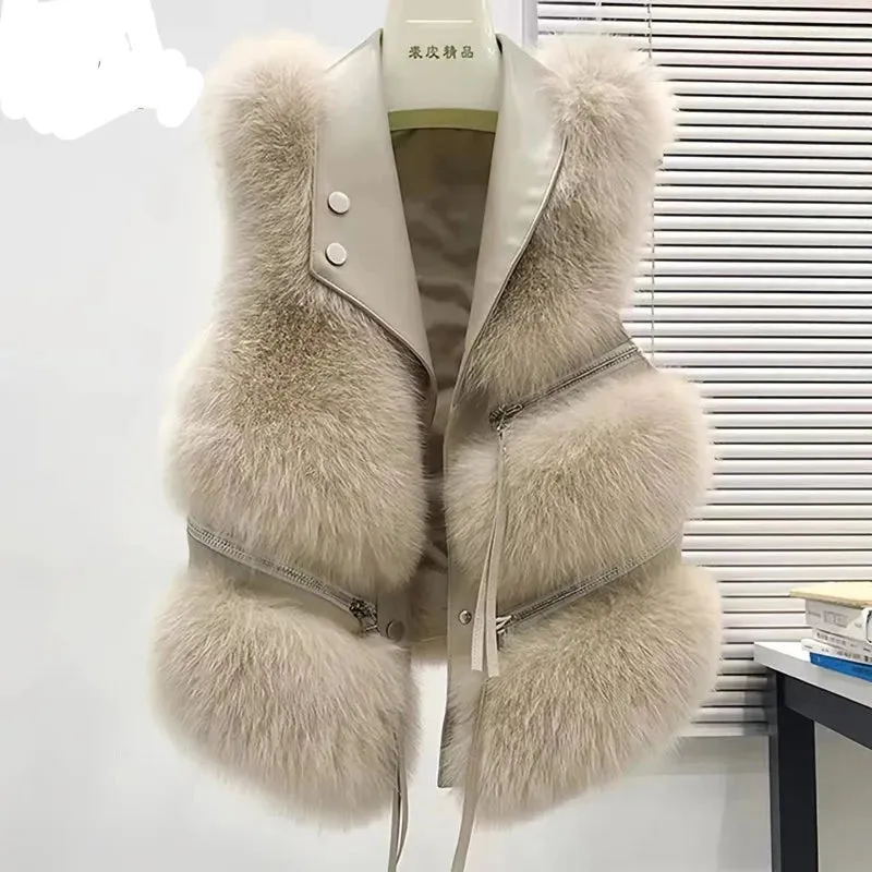 Faux Fur Waistcoat for Womens, Chic Splice Fox Coat Ladies Sleeveless Fur Vest Jacket
