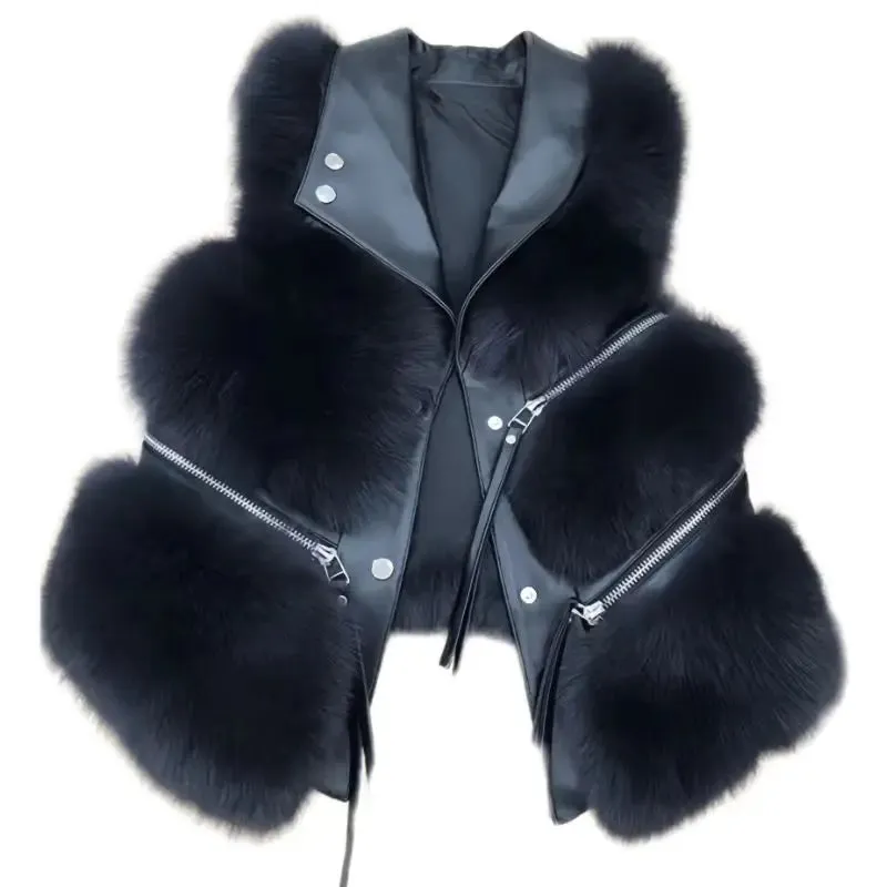 Faux Fur Waistcoat for Womens, Chic Splice Fox Coat Ladies Sleeveless Fur Vest Jacket