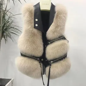 Faux Fur Waistcoat for Womens, Chic Splice Fox Coat Ladies Sleeveless Fur Vest Jacket