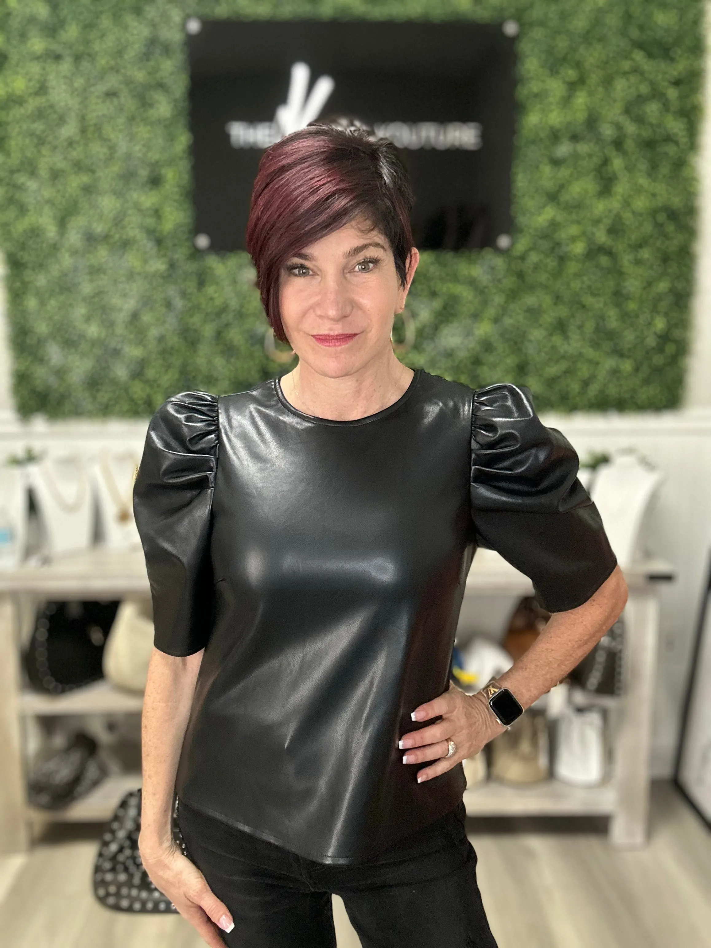 Faux Leather Puff Shoulder Top