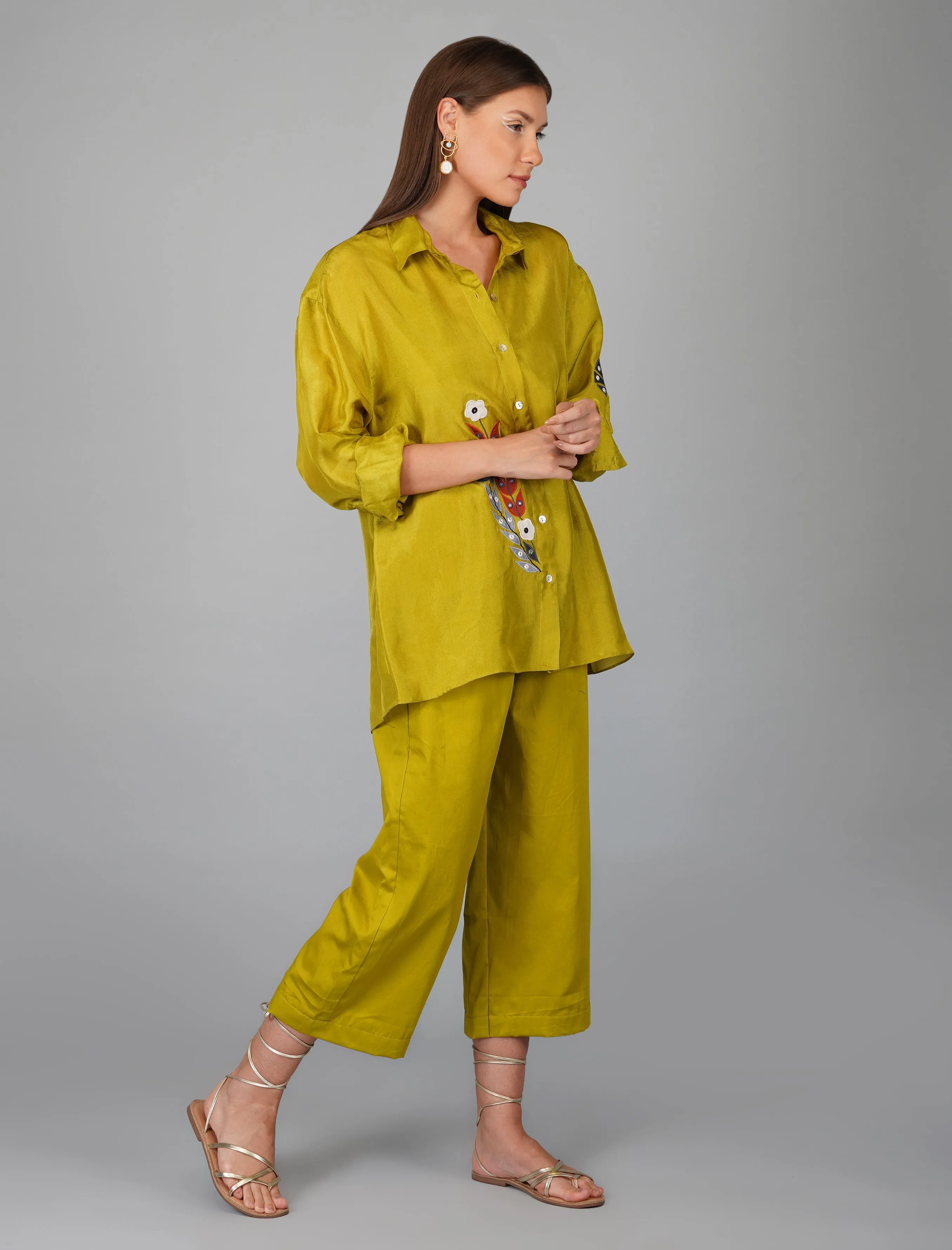 Green Upara Silk Hand Embroidered Shirt