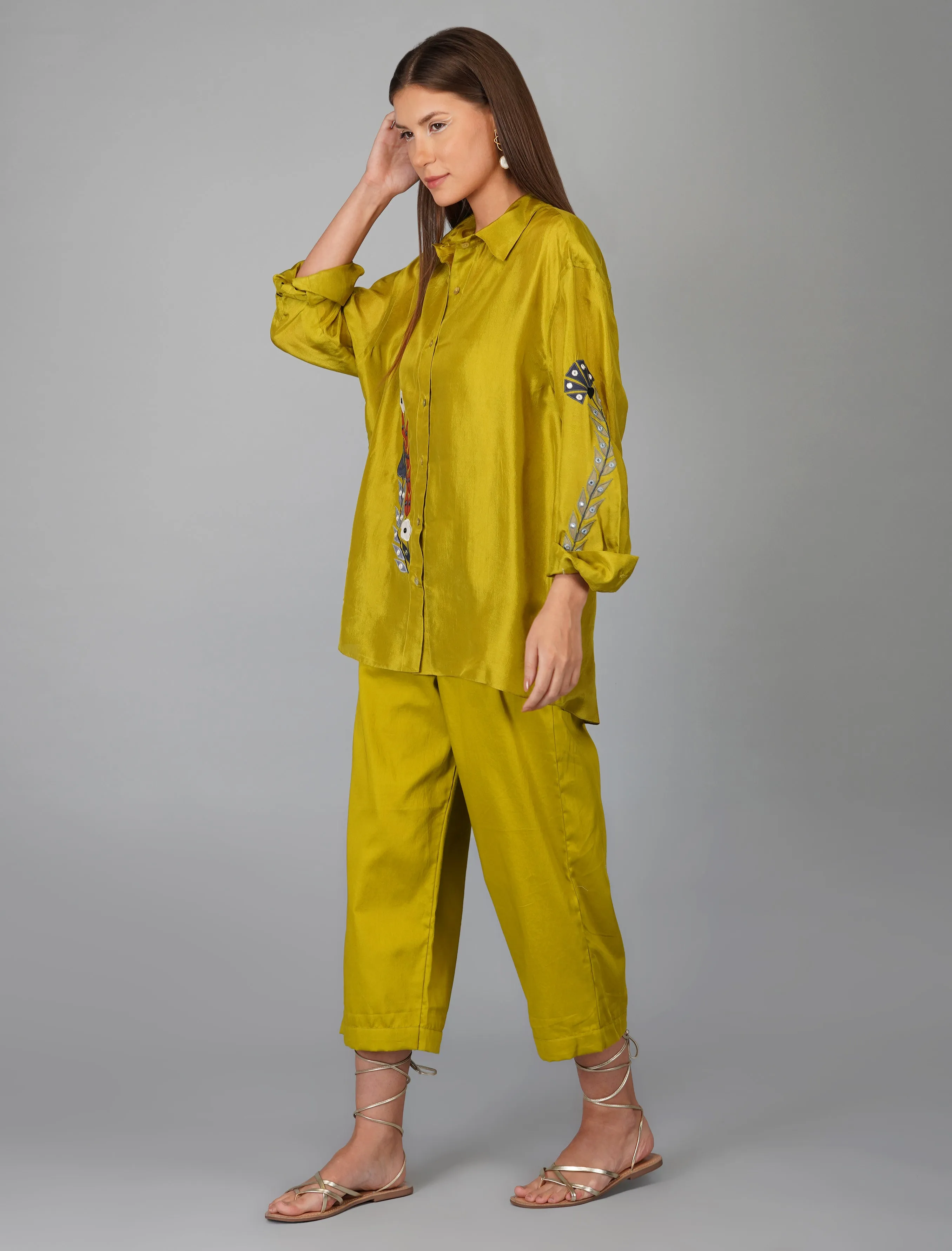 Green Upara Silk Hand Embroidered Shirt