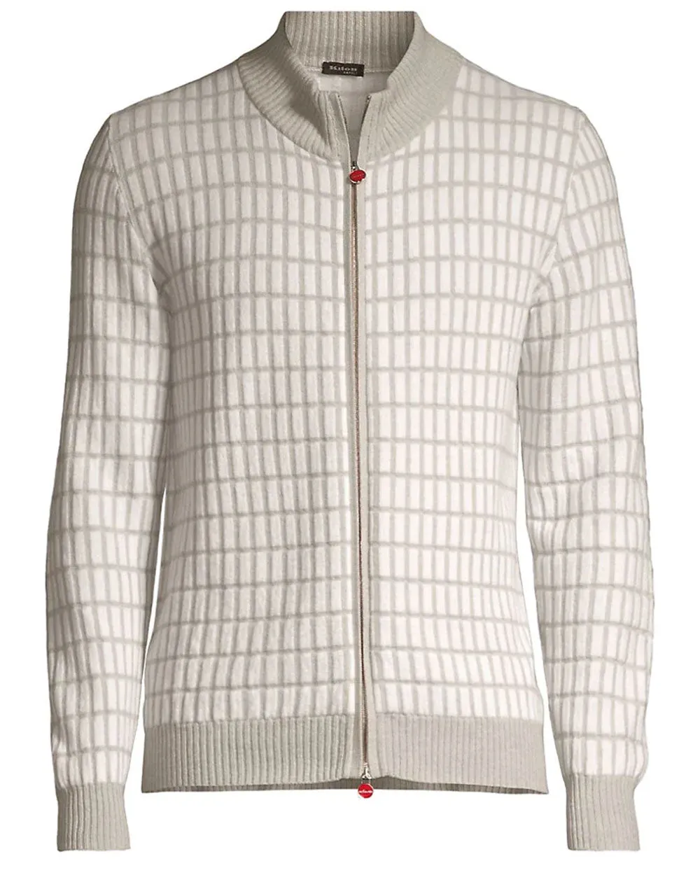 Grey and White Geometric Cashmere Zip Sweater