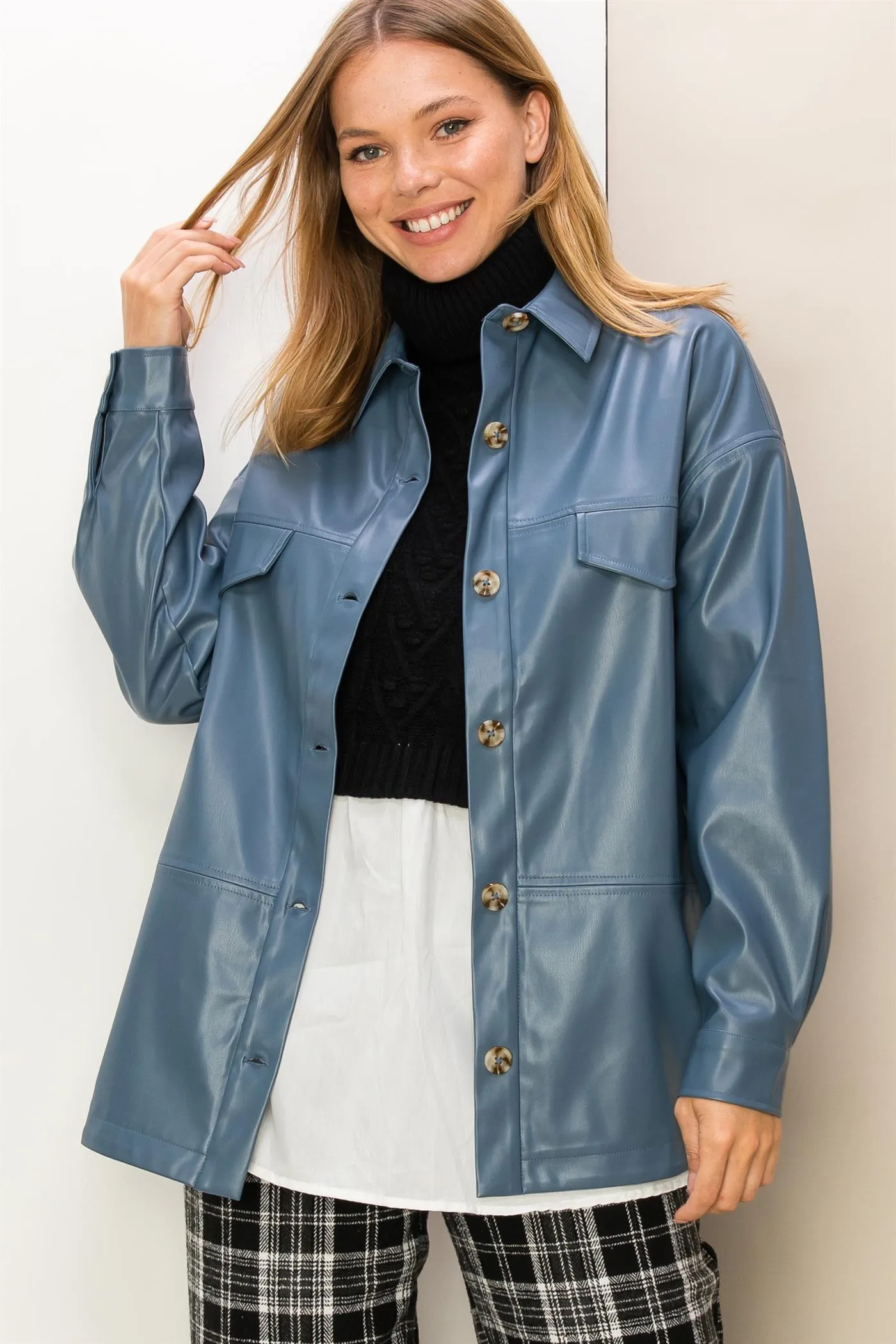 HF23F486-FLAP DETAIL PU SHACKET