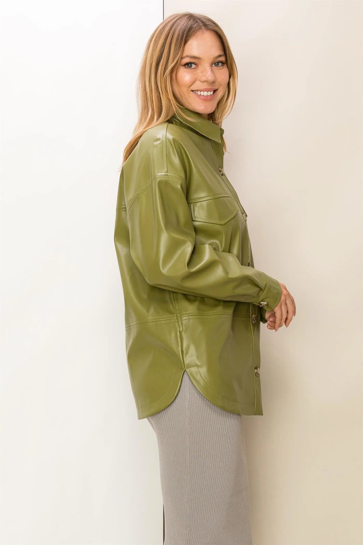 HF23F486-FLAP DETAIL PU SHACKET