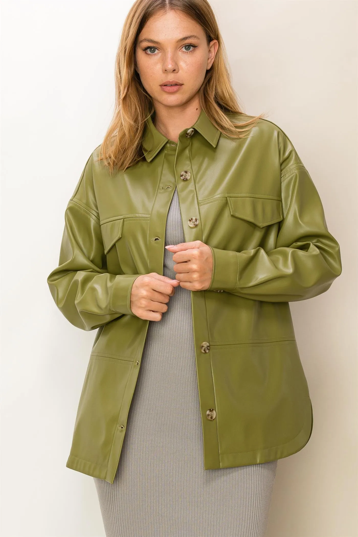 HF23F486-FLAP DETAIL PU SHACKET